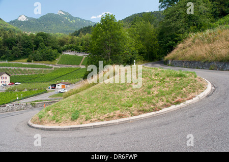 Scharf und steilen Haarnadel-Kurve auf dem Weg zum Col-des-Mosses in der Nähe von Aigle in der Schweiz Stockfoto