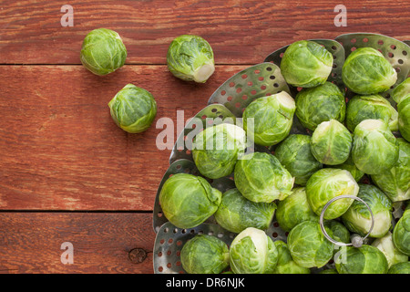 frischer Rosenkohl in Metall Dämpfeinsatz auf roten rustikalen Holztisch Stockfoto