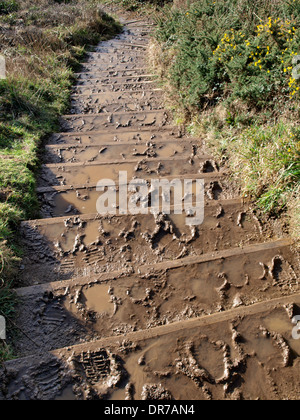 Blickte auf schlammigen Schritte auf die Südwestküste-Weg, Wanson Mund, Widemouth Bay, Cornwall, UK Stockfoto