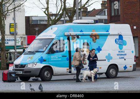 Tierarzt und Hundebesitzer vor der mobilen Tierklinik Blue Cross, London England Vereinigtes Königreich Großbritannien Stockfoto