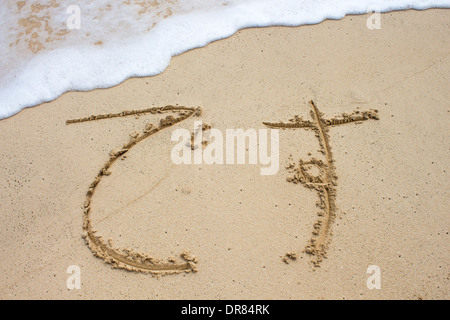 Das japanische Wort Desu, was bedeutet "to be", geschrieben im Sand am Wasser Stockfoto