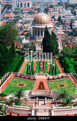 Blick auf Haifa, Bahai-Gärten und Schrein des Bab, Israel Stockfoto