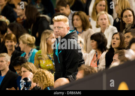 Melbourne, Victoria, Australien. 21. Januar 2014. 21. Januar 2014: Boris Becker, die Trainer der 2. Samen Novak DJOKOVIC (SRB) beobachtet die Aktion in einem Viertelfinale am 9. Tag des 2014 Australian Open Grand-slam-Tennis-Turnier im Melbourne Park in Melbourne, Australien zu entsprechen. Sydney Low/Cal Sport Media/Alamy Live-Nachrichten Stockfoto