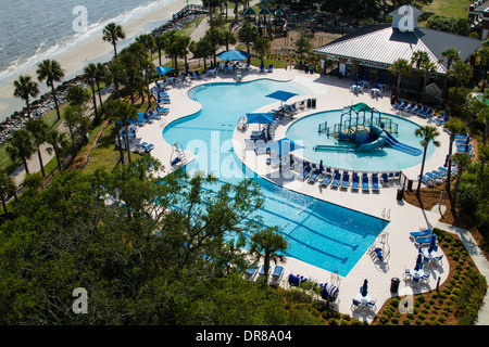 Eine Luftaufnahme des Schwimmbades Neptun Park befindet sich auf St. Simons Island, Georgia. Stockfoto