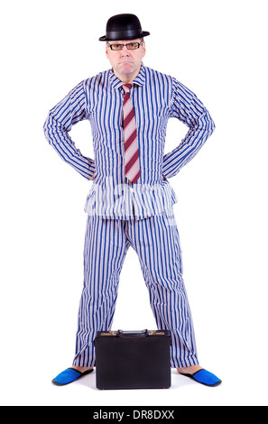 Mann im Pyjama mit Koffer Stockfoto