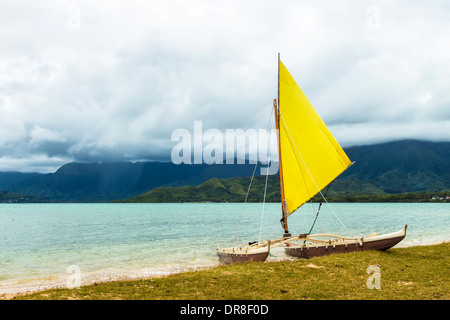 Katamaran mit einem gelben Segel sitzt am Ufer an einem regnerischen Tag in Hawaii Stockfoto