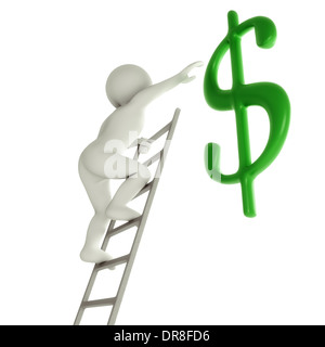 3D Cartoon Mann auf einer Leiter zu erreichen grünes Dollarzeichen Stockfoto