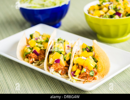 Mais-Tortillas gefüllt mit Blattsalat, zerkleinerte Grill Huhn und gekrönt mit Mango-Ananas-salsa Stockfoto