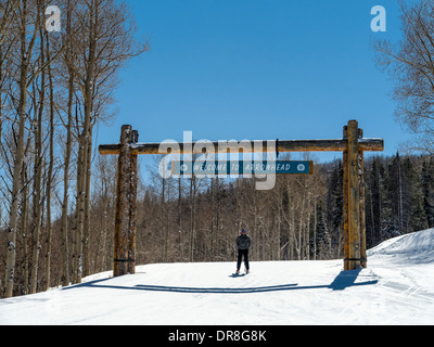 Willkommen Sie bei Pfeilspitze Zeichen, Beaver Creek Resort Ski, Avon, Colorado. Stockfoto