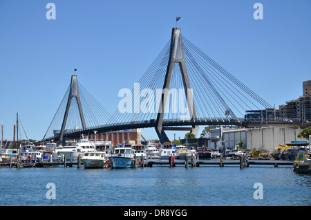 Die ANZAC Bridge über Johnstons Bay zwischen Pyrmont und Glebe Island in Sydney Stockfoto