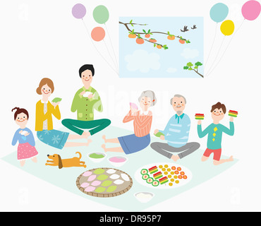 Illustration der Großfamilie mit Essen in Chuseok Stockfoto