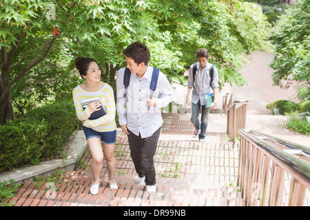 Studenten, die das Treppensteigen zusammen auf dem campus Stockfoto