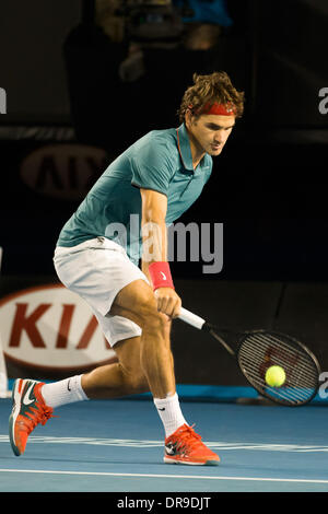 Melbourne, Victoria, Australien. 22. Januar 2014. 22. Januar 2014: 6. Samen Roger FEDERER (SUI) im Kampf gegen 4. Samen Andy MURRAY (GBR) in einem Viertelfinale Spiel am 10. Tag des 2014 Australian Open Grand-slam-Tennis-Turnier im Melbourne Park in Melbourne, Australien. Sydney Low/Cal Sport Media/Alamy Live-Nachrichten Stockfoto