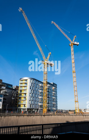 Krane auf einer Baustelle Bau von neuen Häusern in zentralen Reading, Berkshire, England, GB, UK. Stockfoto