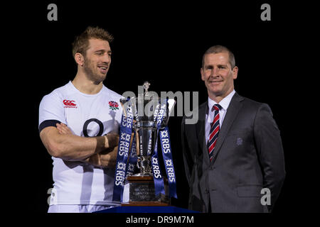 London, UK. 22. Januar 2014. England-Kapitän Chris ROBSHAW mit Trainer Stuart LANCASTER während der RBS Six Nations Medien starten vom Hurlingham Club. Bildnachweis: Aktion Plus Sport/Alamy Live-Nachrichten Stockfoto