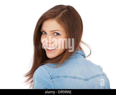 Attraktive Teenager-Mädchen über die Schulter schauen. Alle auf weißem Hintergrund. Stockfoto