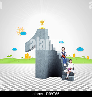 Kinder sitzen auf einer Nummer eins Treppe Stockfoto