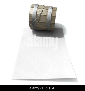 Ein Vintage Holzeimer mit Metallring unterstützt und ein Handle auf ein leeres Blatt Papier auf eine isolierte Hintergrund ruht Stockfoto
