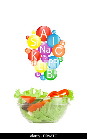Gesunde Ernährung. Satz von griechischer Salat und Ikonen der Vitamine Stockfoto