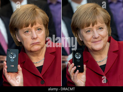 Datei/COMBO - eine archivierte Kombination Bild vom 5. März 2013 zeigt deutsche Bundeskanzlerin Angela Merkel (CDU) hält einen abhörsichere Blackberry am Messestand von Secusmart beim Eröffnungsrundgang der weltweit größte Computer-Messe CeBIT in Hannover. US-Präsident Barack Obama sagte in seiner Rede am 17. Januar 2014 die Köpfe der befreundeten Staaten und Regierungen sollten nicht schlank auf. Diese Aussage enthalten explizit Bundeskanzlerin Angela Merkel. Foto: Julian Stratenschulte/dpa Stockfoto