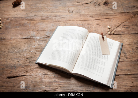 ein offenes Buch auf Schreibtisch aus Holz Stockfoto