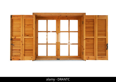 Holzfenster mit Fensterläden geöffnet Außenseite isoliert auf weißem Hintergrund Stockfoto
