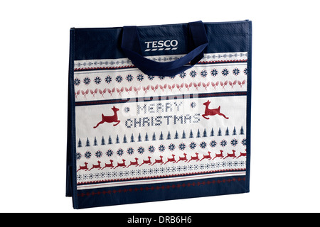 Blau und Weiß Frohe Weihnachten starkem Nylon Shopping Bag von Tesco Stockfoto
