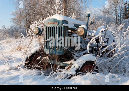 Schneebedeckte alten Fordson-Traktor in Finnland Stockfoto