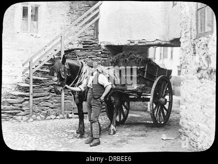 Mann mit Pferd und Wagen, Hawkshead, Cumbria (dann in der Grafschaft Westmorland), Lake District, England. Stockfoto