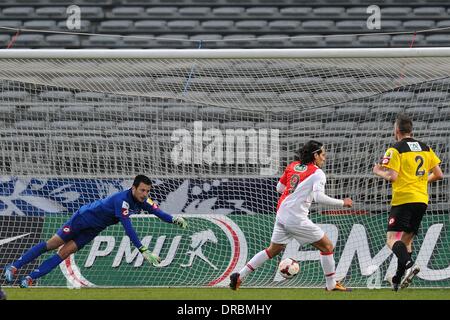 Chasselay, Frankreich. 22. Januar 2014. Radamel Falcao (Monaco) Punkte während des Spiels Französisch Coupe de France zwischen den Monts d ' or Azergues Fuß und AS Monaco aus Stade Ludovic Giuly. Bildnachweis: Aktion Plus Sport/Alamy Live-Nachrichten Stockfoto