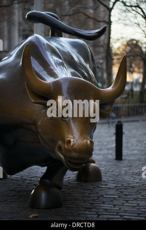 Ladevorgang Stier Bronzeskulptur von Arturo Di Modica auf dem Bowling Green in Lower Manhattan NYC befindet sich Stockfoto