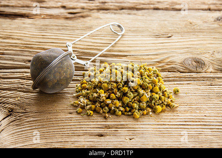 Trockenen Kamille mit Teesieb auf alten Holztisch Stockfoto