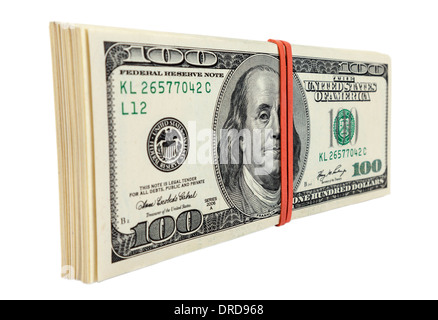 Haufen von hundert-Dollar-Scheine isoliert auf weißem Hintergrund Stockfoto