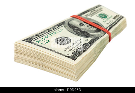 Stapel von zehntausend Dollar Haufen von hundert-Dollar-Scheine, Isolated on White Background Stockfoto