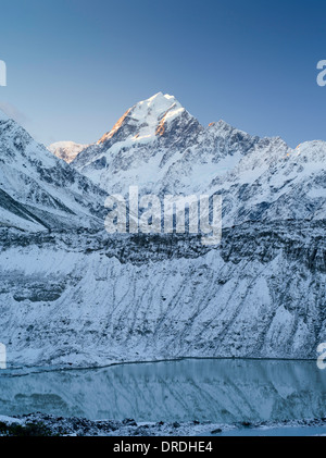 Sonnenuntergang fällt über Aoraki/Mount Cook und Mueller See von Kea Point; Aoraki/Mount Cook Nationalpark, Neuseeland. Stockfoto