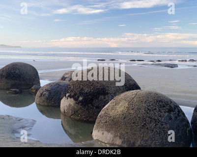 Blick nach Norden über den berühmten Moeraki Boulders (Kaihinaki), Moeraki Beach, Neuseeland. Stockfoto