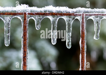 Eiszapfen an einem verrosteten Zaun nach einem Eissturm. Stockfoto