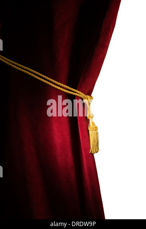 Roter Samtvorhang mit Quaste. Hautnah weiße isoliert Vorhang Stockfoto