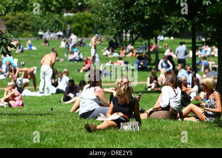 Londoner genießen Sie die Sonne im Hyde Park an einem sehr warmen Nachmittag in der Hauptstadt. Den letzten Wetter warmen eine willkommene Abwechslung nach einem miserablen Start in die britische Sommer. Erfahrenste des Vereinigten Königreichs hat heftige Regenfälle und einige Bereiche wurden unter schweren Überschwemmungen.  London, England - 23.07.12 Stockfoto