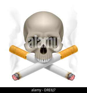 Totenkopf mit gekreuzten Zigaretten als Symbol Rauchen Gefahren. Stockfoto