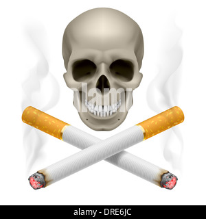 Schädel mit brennenden überquerte Zigaretten als Symbol Rauchen Gefahren. Stockfoto