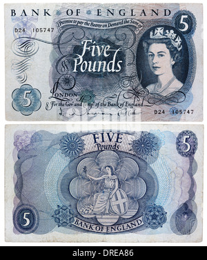 5 Pfund Banknote, Königin Elizabeth II und sitzende Britannia, UK, 1963 Stockfoto