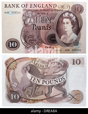 10-Pfund-Banknote, Königin Elizabeth II und Löwen, UK, 1970 Stockfoto