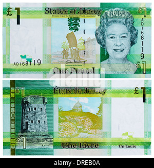1 Pfund Banknote, Königin Elizabeth II und Le Hocq Turm, Jersey, 2010 Stockfoto