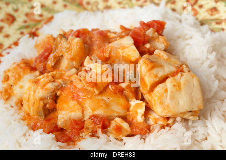 Grundlegende Fisch curry in einer würzigen Tomaten-Kokosmilch-Sauce, serviert auf einem Bett von Basmati-Reis. Stockfoto
