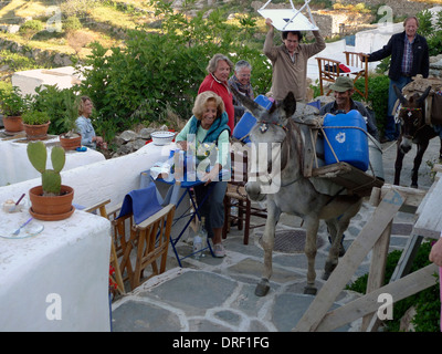 Europa Griechenland Kykladen Sikinos ein Esel vorbei an einer Gruppe von Menschen auf der Straße Stockfoto