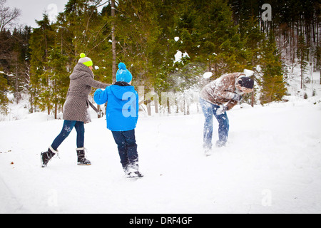 Familie mit einer Schneeballschlacht, Spitzingsee, Bayern, Deutschland Stockfoto