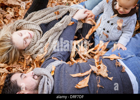 Familie mit einem Kind spielt mit Herbst Blätter, Osijek, Kroatien Stockfoto