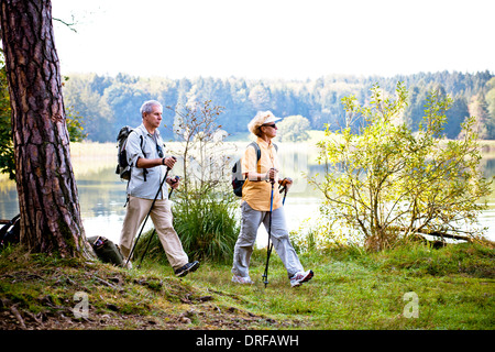 Älteres paar Nordic Walking durch Wald, Osterseen, Deutschland Stockfoto