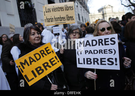 Madrid, Spanien. 23. Januar 2014. Demonstranten Anzeigen Banner es ist schriftliche '' kostenlose Mutter '' '' freie Eltern '' bei einem Protest gegen das Abtreibungsgesetz in Madrid, Spanien Donnerstag, 23. Januar 2014 hundert Menschen versammelten sich am Donnerstag Nachmittag vor der französischen Botschaft in Madrid an den Schrei der '' legale Abtreibung sterben zu vermeiden '' zu bitten um Asyl aus Protest gegen das neue Abtreibungsgesetz in Spanien befördert der spanische Minister von Gerechtigkeit , Alberto Ruiz-GallardÃƒÂ³n. Bildnachweis: Rodrigo Garcia/NurPhoto/ZUMAPRESS.com/Alamy Live-Nachrichten Stockfoto